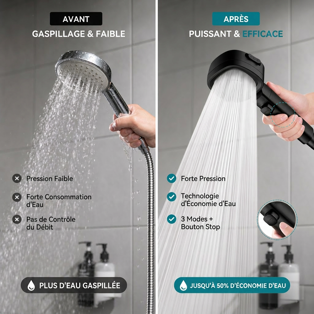 Pommeau 3 Modes Économie Eau